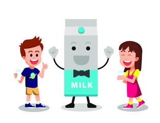 Happy children with the big milk box character