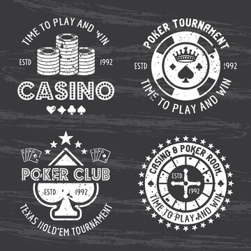 Casino and poker room set of vector gambling emblems, labels, badges or logos isolated on dark background