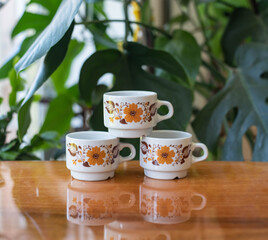 Mid-century modern porcelain coffee cup set on a wooden table with plants in the background