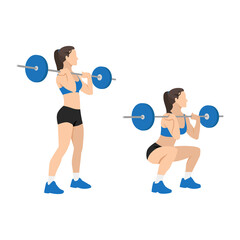 Obraz premium Woman doing Front barbell squat exercise. Flat vector illustration isolated on white background