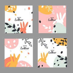 Happy Easter banner. Trendy Easter design with typography, eggs and bunny in pastel colors. Modern minimal style. greeting card, header for website