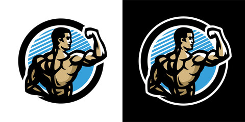 Posing athlete. Bodybuilding and fitness logo, on a light and dark background. Vector illustration.