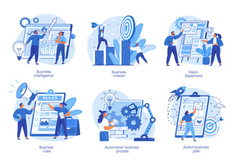 Strategic business planning, automation process. Business mission, rules, vision statement, competitive intelligence, goals action plan, brand success, loyalty abstract metaphor, teamwork set