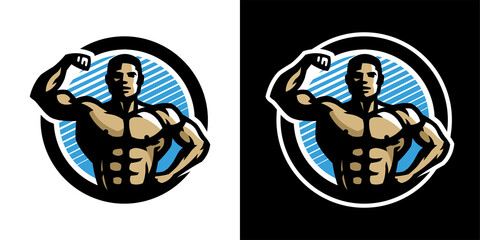 Posing athlete. Bodybuilding and fitness logo, on a light and dark background. Vector illustration.