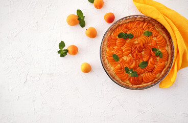 Delicious homemade apricot pie with cottage cheese filling.  Top view. Copy space                  