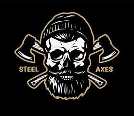 A lumberjack skull with a beard, a hat and two axes. Vector illustration.