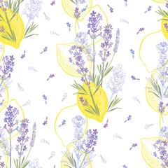 Gordijnen Floral background with hand-drawn lavender flowers and lemons. Vector illustration on white. © maritime_m