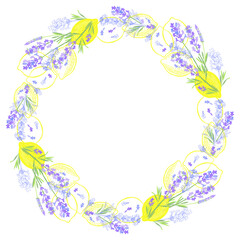 Fototapeta na wymiar Lavender and lemons. Round floral frame. Vector layout decorative greeting card or invitation, menu, element design background..