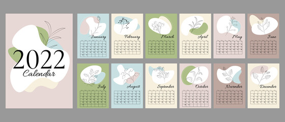 Abstract A4 calendar 2022 trendy spots with hand drawn botanic flowers and leaves. Cover and 12 monthly pages. Week starts on Sunday, A3 A2 A6 formats - obrazy, fototapety, plakaty