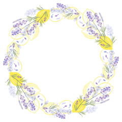 Lavender and lemons. Round floral frame. Vector layout decorative greeting card or invitation,  menu, element design background..