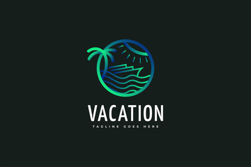 Vacation or Travel Logo with Palm Tree, Ship and Sun. Beach Logo for Tourism Industry