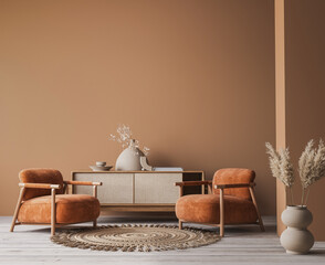 Gemütliches Interieur mit Holzmöbeln auf braunem Hintergrund, leeres Wandmodell in Boho-Dekoration, 3D-Rendering