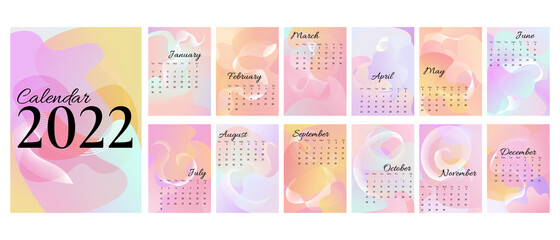Abstract A4 calendar 2022 trendy colorful gradients spots with line. Cover and 12 monthly pages. Week starts on Sunday, A3 A2 A6 formats