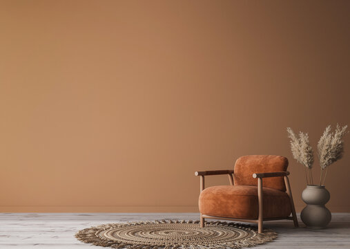 Cozy Home Interior With Wooden Furniture On Brown Background, Empty Wall Mockup In Boho Decoration, 3d Render