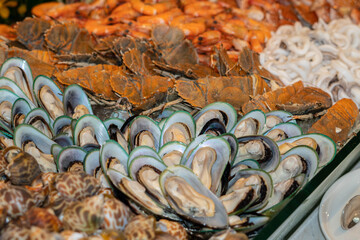 Thai seafood flavor mantis shrimp shrimp oyster and mussels / Cooked food served seafood buffet...