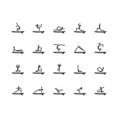 Stand Up Paddle Yoga flat line icons set. Man practicing SUP yoga on a paddle board in the sea. Simple flat vector illustration for store, web site or mobile app
