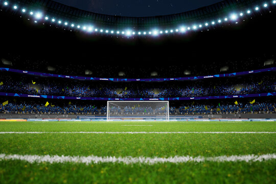 night soccer stadium arena with crowd fans . High quality photo render