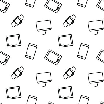 Seamless gadgets and devices pattern. Electronic devices including a laptop, smartphone, mobile phone, monitor. Vector illustration