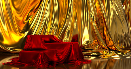 Podium box covered with red cloth and gold curtain behind it. 3D illustration.