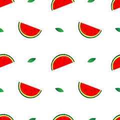 seamless pattern vector illustration of red watermelon fruit design and green leaves. white background. design for wallpaper,backdrop and print on fabric. modern templates