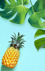 Yellow pineapple and palm leaf on a blue background.