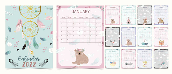 Cute 2022 table calendar week start on Sunday with bear cub that use for vertical digital and printable A4 A5 size © piixypeach