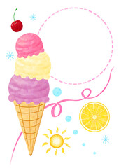 アイスクリームのイラスト背景フレーム　Illustration background of cute ice cream with copy space for text