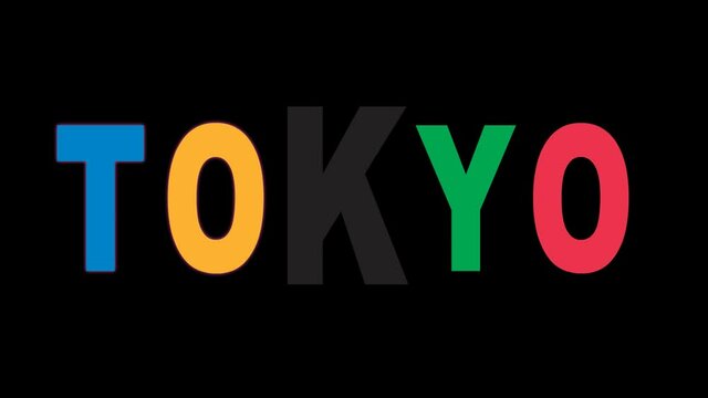 Animated appearance of word Tokyo in English. Transparent background with alpha channel. 5 colors - blue, yellow, black, green, red. Concept for lettering, overlay, direction to event in Tokyo city.