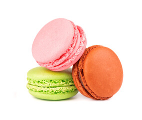 Fresh macaroons isolated on white background. Sweet and colourful french macaron.