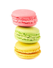 Fresh macaroons isolated on white background. Sweet and colourful french macaron.