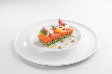 Salmon Tartar with avocado Gourmet Food Starter isolated on white background