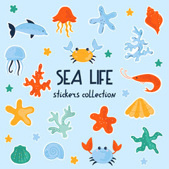 Sea life stickers collection. Doodle colorful summer set with cute icons. Perfect for the design of mugs, gifts, textiles, cards, banners, posters, web and more
