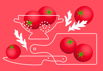 Abstract composition with tomatoes. Bright tomatoes, cutting board, big knife, colander and arugula leaves. Modern vector illustration for poster, banner, decoration. Modern minimalistic design.