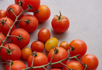 Fresh red variety of tomatoes with basil spices, pepper. Tomato vegetable concept. Vegan diet food. Harvesting tomatoes. Fresh tomato used for cooking.Top view.