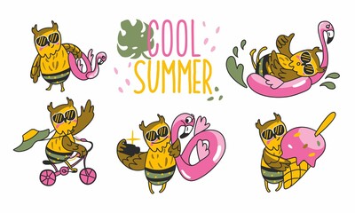 Funny owl in hot summer, summer sticker set, cool pattern for child print, bird vector