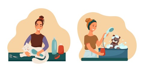Grooming pet set, groomers wash groomed dogs and cats, vector collection of illustrations in flat style.