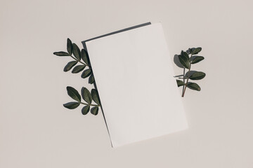 Summer wedding stationery mock-up. Blank greeting card, invitation and dark green lentisk leaves on beige table background in sunlight. Natural light and shadow overlay. Flat lay, top view.