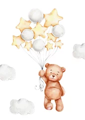 Fotobehang Cute cartoon teddy bear with balloons  watercolor hand drawn illustration  can be used for kid posters or baby shower  with white isolated background © Нина Новикова