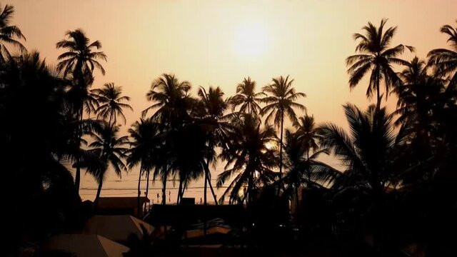Aerial view of beautiful sunset on tropical Goa beach, Palolem beach, India. Goa, Palolem beach, India. It is one of the most popular resorts in India.