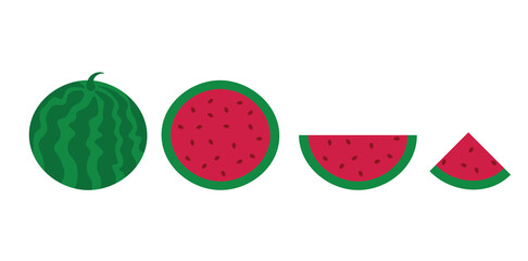 Fresh juicy watermelon whole and in pieces, slices. Refreshing fruit, summer, watermelon season, black seeds. Flat vector illustration