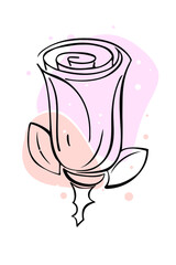 Flower rose. Lineart style. Minimalism. Pink patchs, blots. Vector, EPS10. For printing t-short, notebook, flyers, shop of flower.