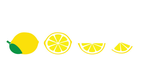 Lemon, citric acid, vitamin C, fresh refreshing sour fruit, for immunity. Lemon pieces and whole. Isolated image, flat vector