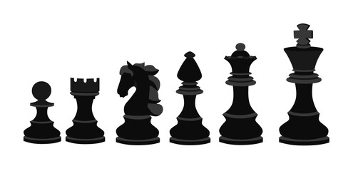 A chess set in black on a white isolated background. World Chess Day. Banner for the holiday in the chess style. Vector illustration