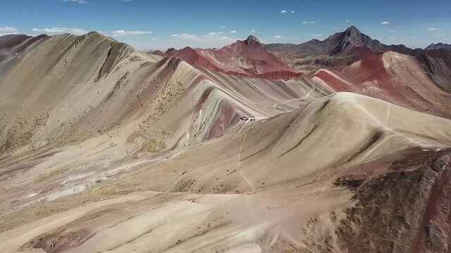 Vinicunca, Peru - Rainbow Mountain (5200 m) in Andes, Cordillera de los Andes, Cusco region in South America. (aerial view)