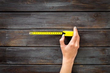 Social distance concept with metal ruler, top view