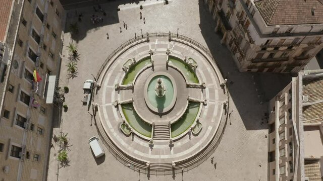Aerial shot of Pretoria fountain famous monument in ancient Pretoria square, Palermo's historic centre travel destination in Sicily. Zenith from above camera still shot