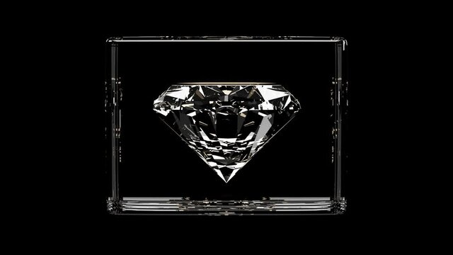 Diamond with glass box on black background. 3d render animation