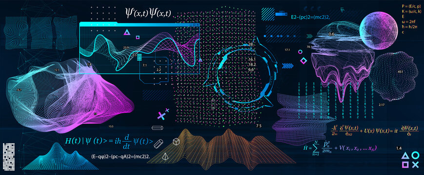 Quantum Mechanics elements with famous formulas. Sci-fi universal elements with HUD. Big data algorithms, deep learning artificial intelligence. Algorithms and Quantum Mechanics concept. Vector set
