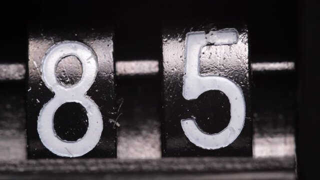 Old black mechanical counter counts numbers. Extreme close up.