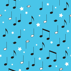 Children's vector seamless pattern with musical notes on a blue background. Abstract music composition of black and white cartoon  notes and stars for kids textile